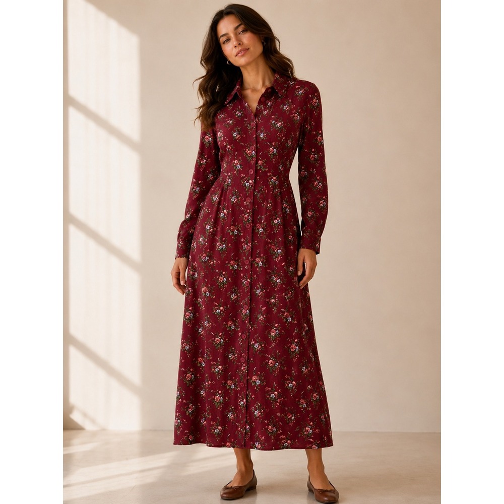 The Vermont Country Store midi Dress Womens Small Burgundy Ditsy Floral Corduroy